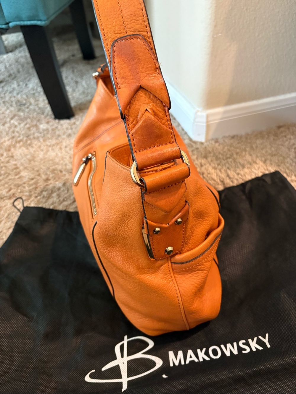 b. makowsky Orange Leather Shoulder Hobo - Picture 3 of 11